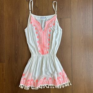 Tiare Hawaii White Dress with Neon Pink Embroidery OS. Beach Dress